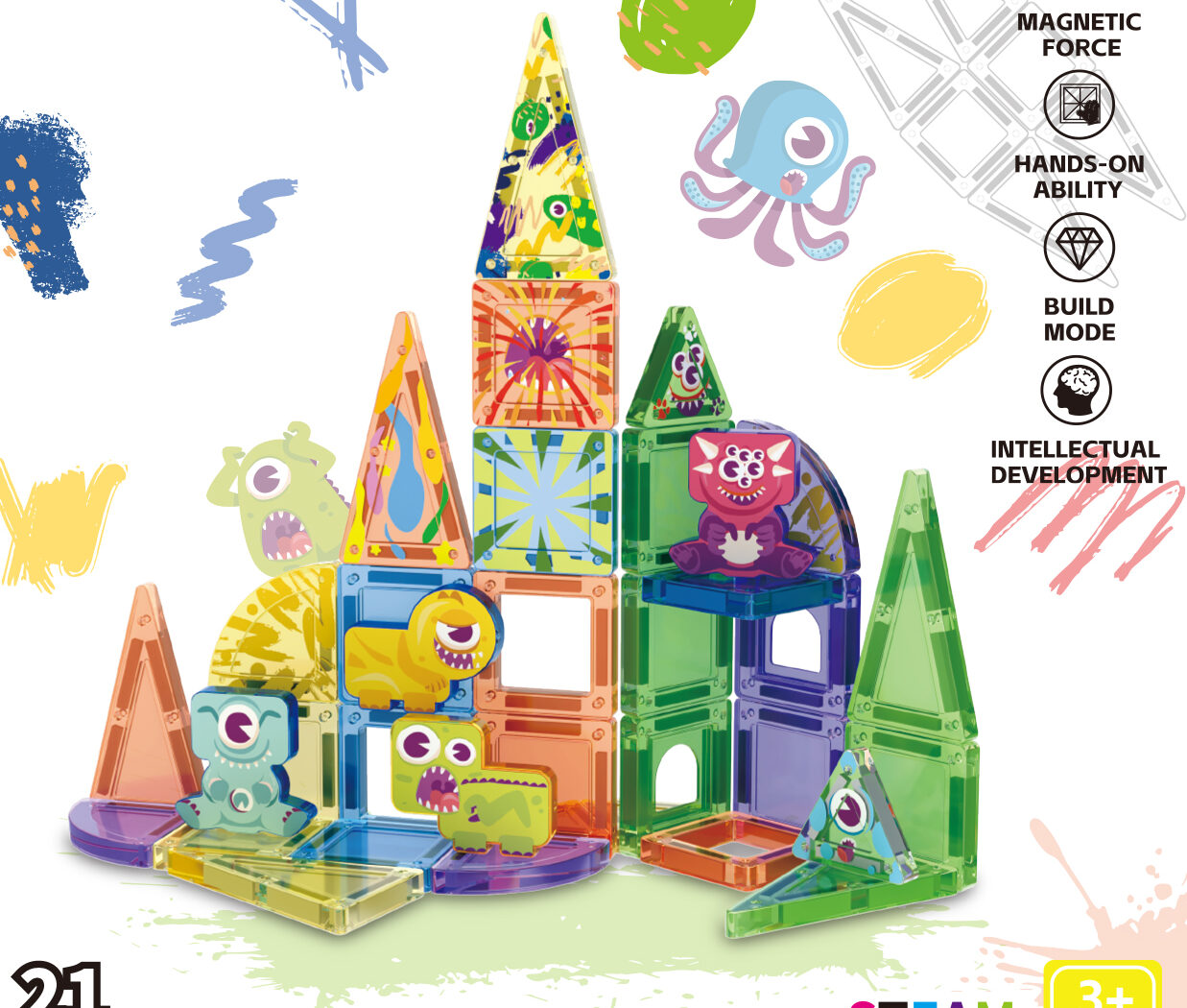 monster mini magnetic construction tiles 21pcs