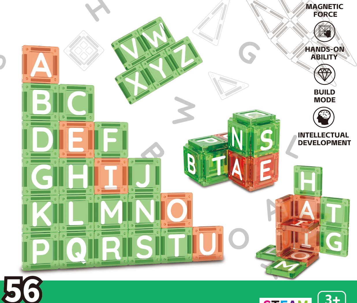 abc literacy alphabet spelling magnetic building tiles 56pcs