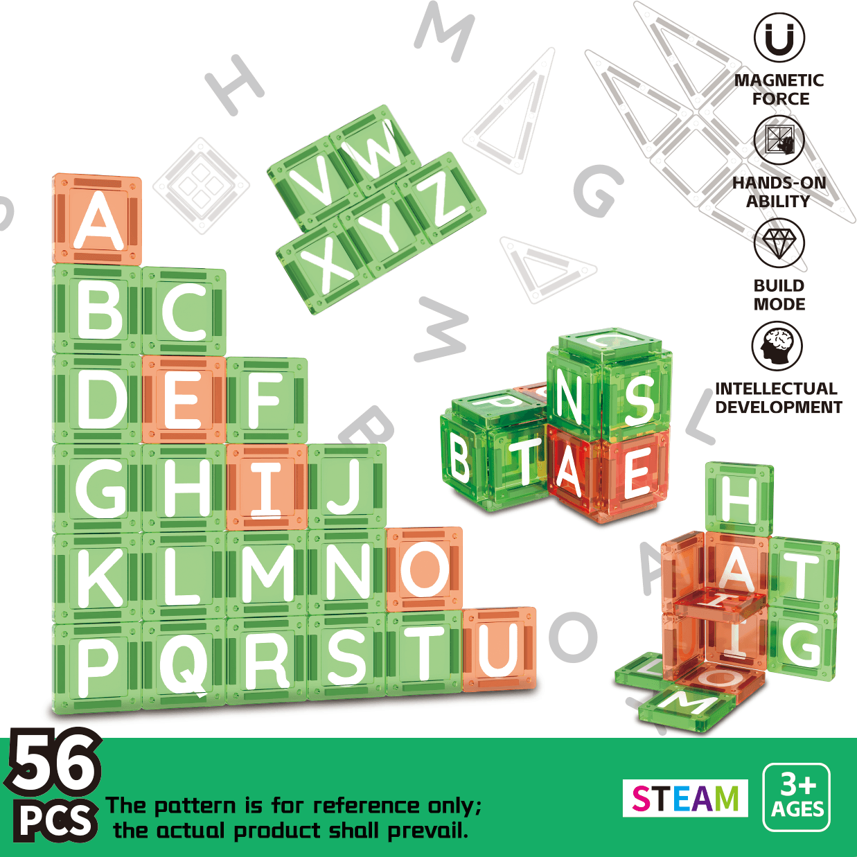 abc literacy alphabet spelling magnetic building tiles 56pcs
